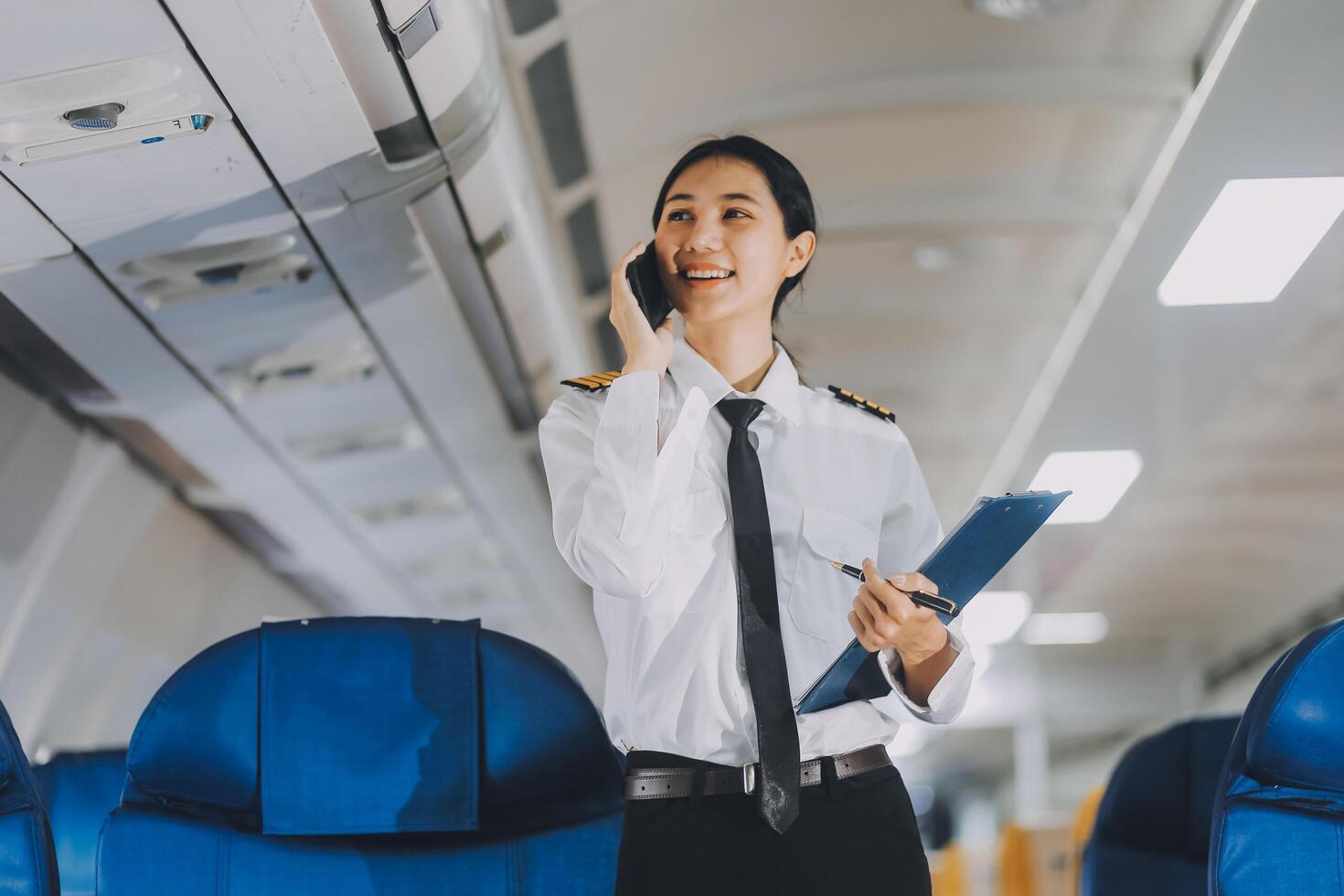 Texting on mobile chat app, Thoughtful asian people female person onboard, airplane window, perfectly capture the anticipation and excitement of holiday travel. chinese, japanese people. photo