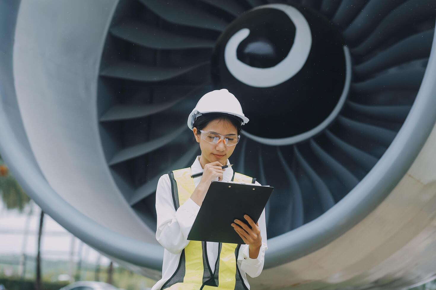 Technician fixing the engine of the airplane,Female aerospace engineering checking aircraft engines,Asian mechanic maintenance inspects plane engine photo