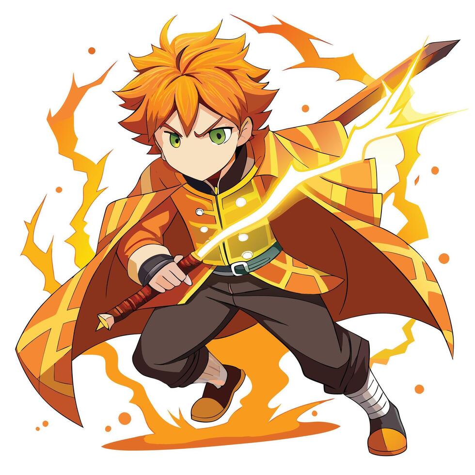Dynamic Anime Warrior with Flaming Sword and Lightning Power Vibrant Action Pose Illustration vector
