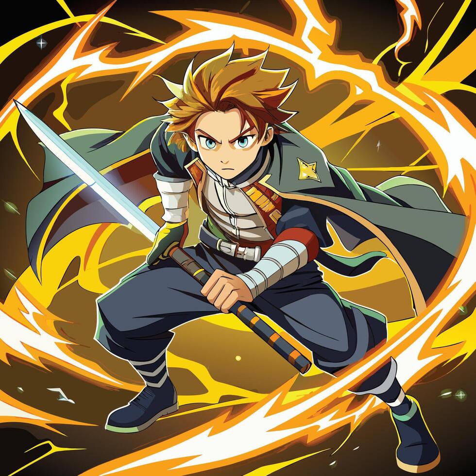 Dynamic Anime Warrior with Flaming Sword in Epic Action Pose vector