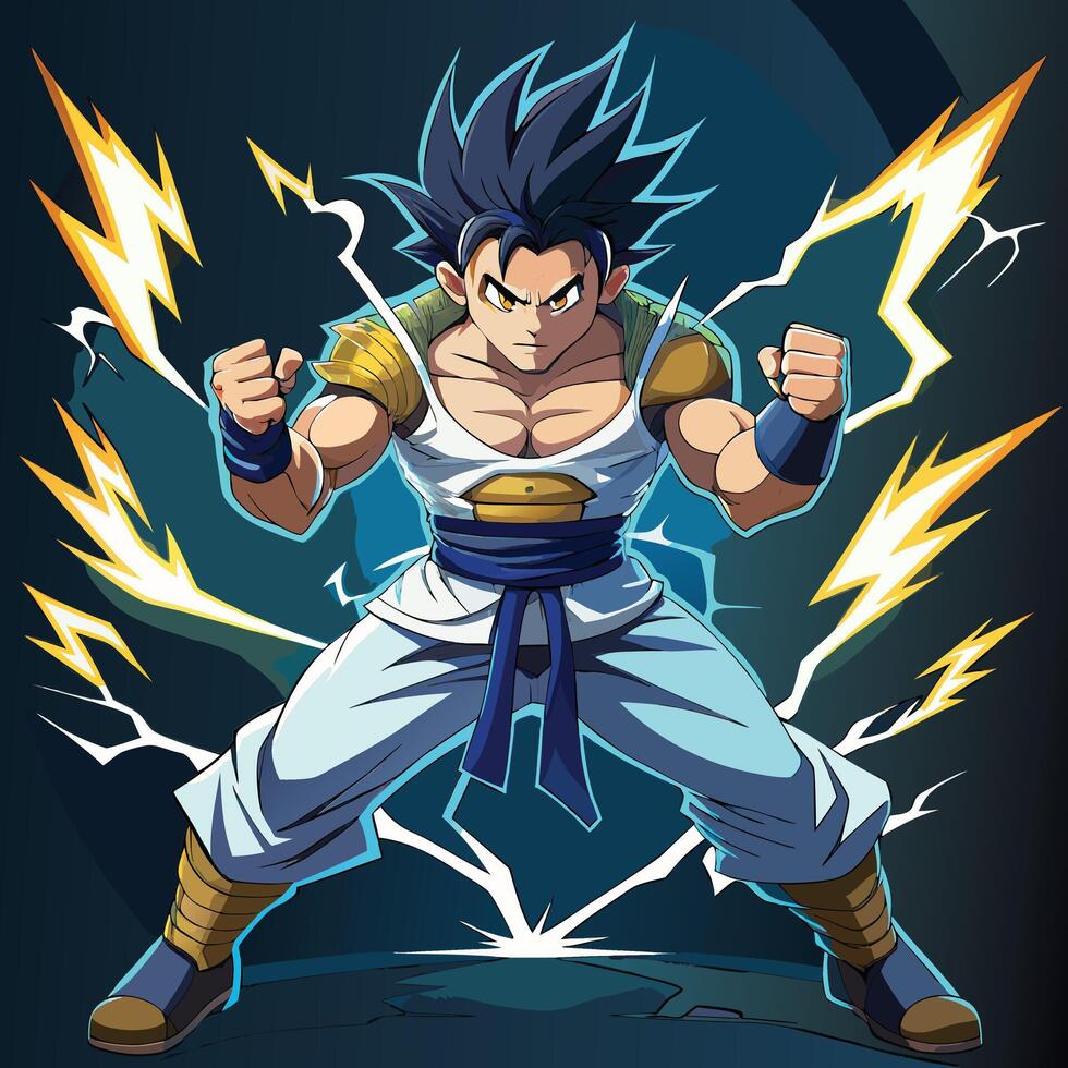 Powerful Anime Fighter Charging Energy with Electrifying Aura in Dynamic Pose vector