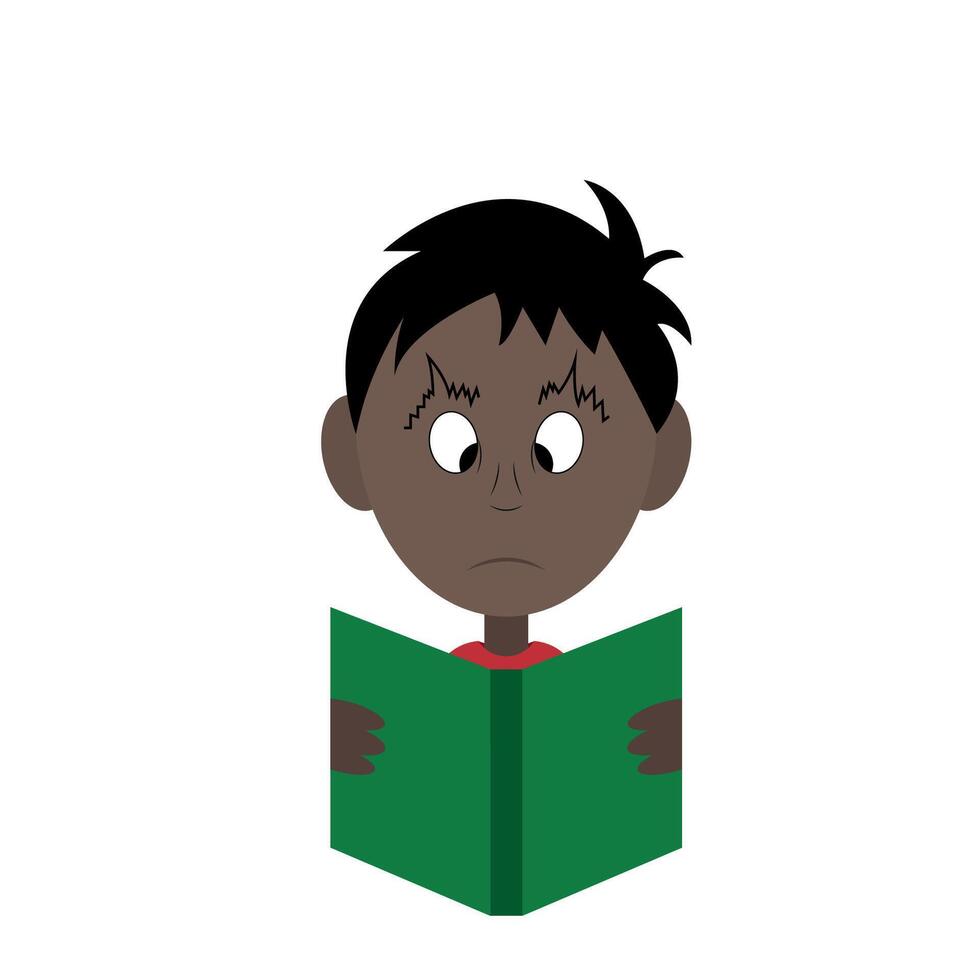 Portrait of serious dark-skinned boy with book isolated on white, flat style, avatar vector