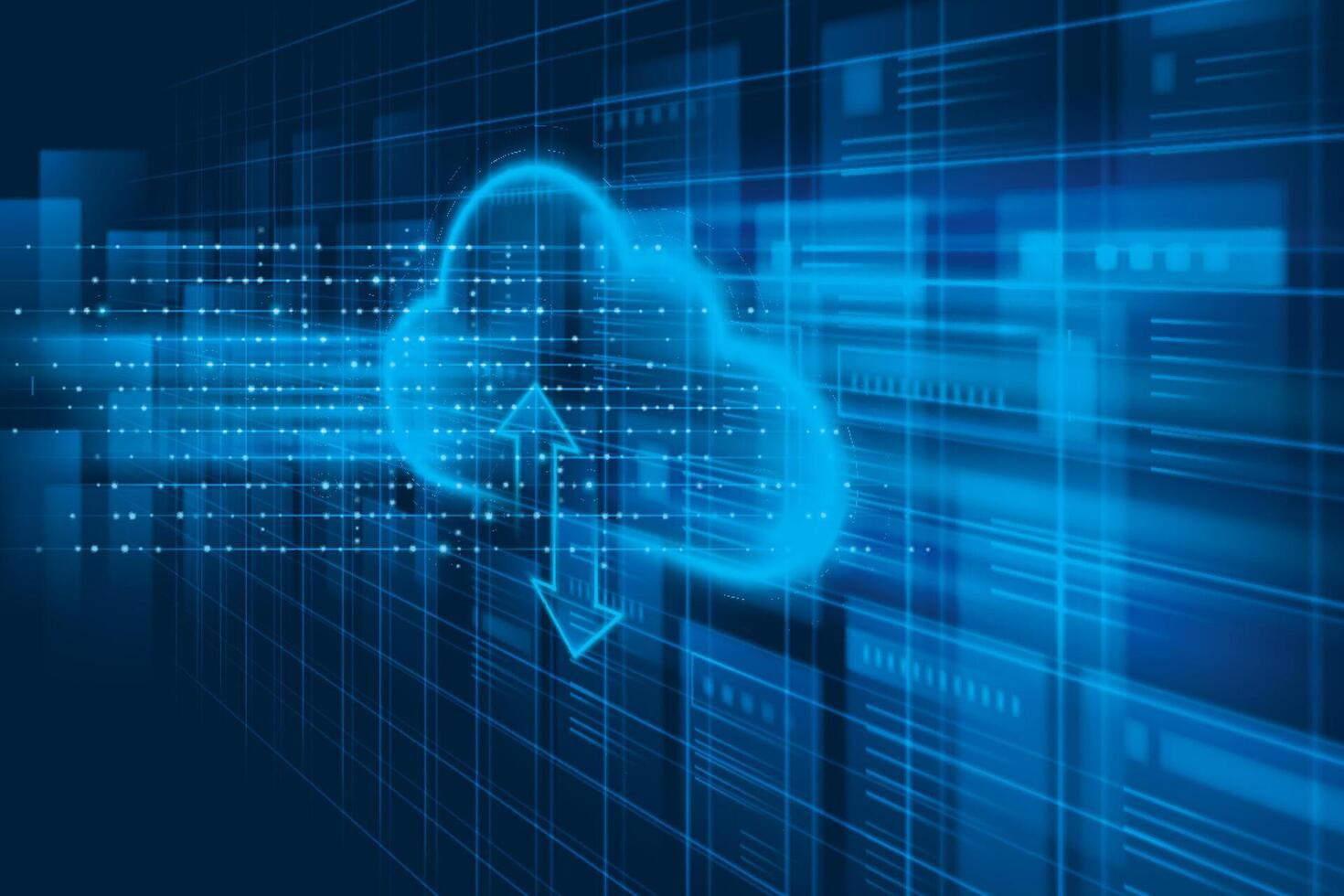 Abstract Data center background. Cloud Storage Technology of computer warehouse of data. Digital information with light of Cloud database. vector