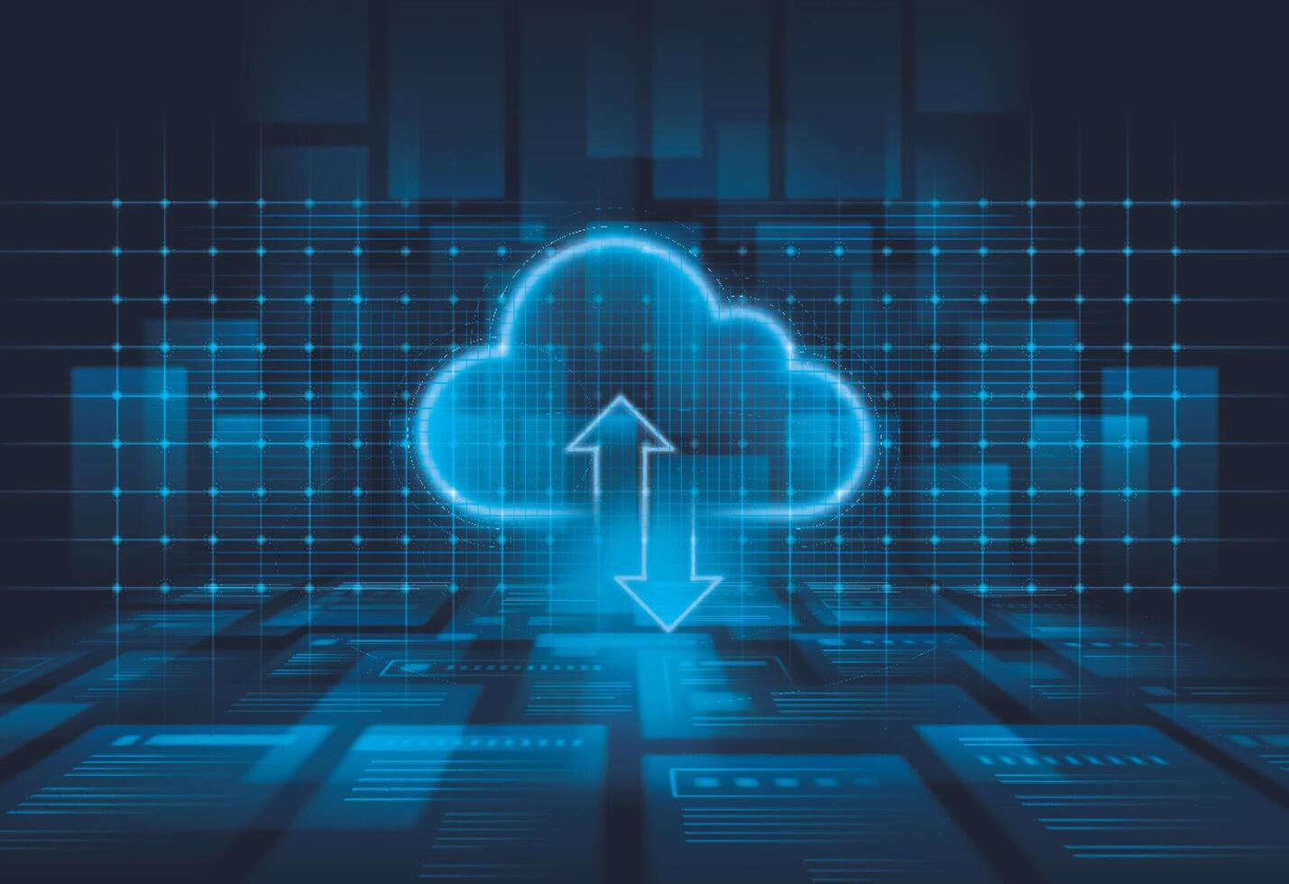 Abstract Data center background. Cloud Storage Technology of computer warehouse of data. Digital information with light of Cloud database. vector