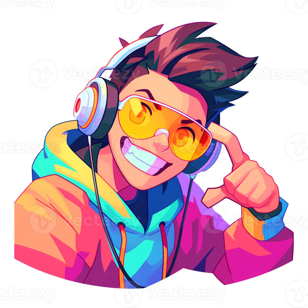 Excited and happy young man with glasses and headphone png