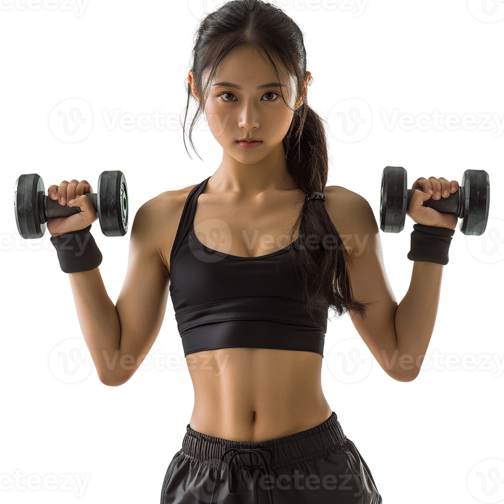 A woman is lifting weights in a gym. She is wearing a black tank top and black shorts png