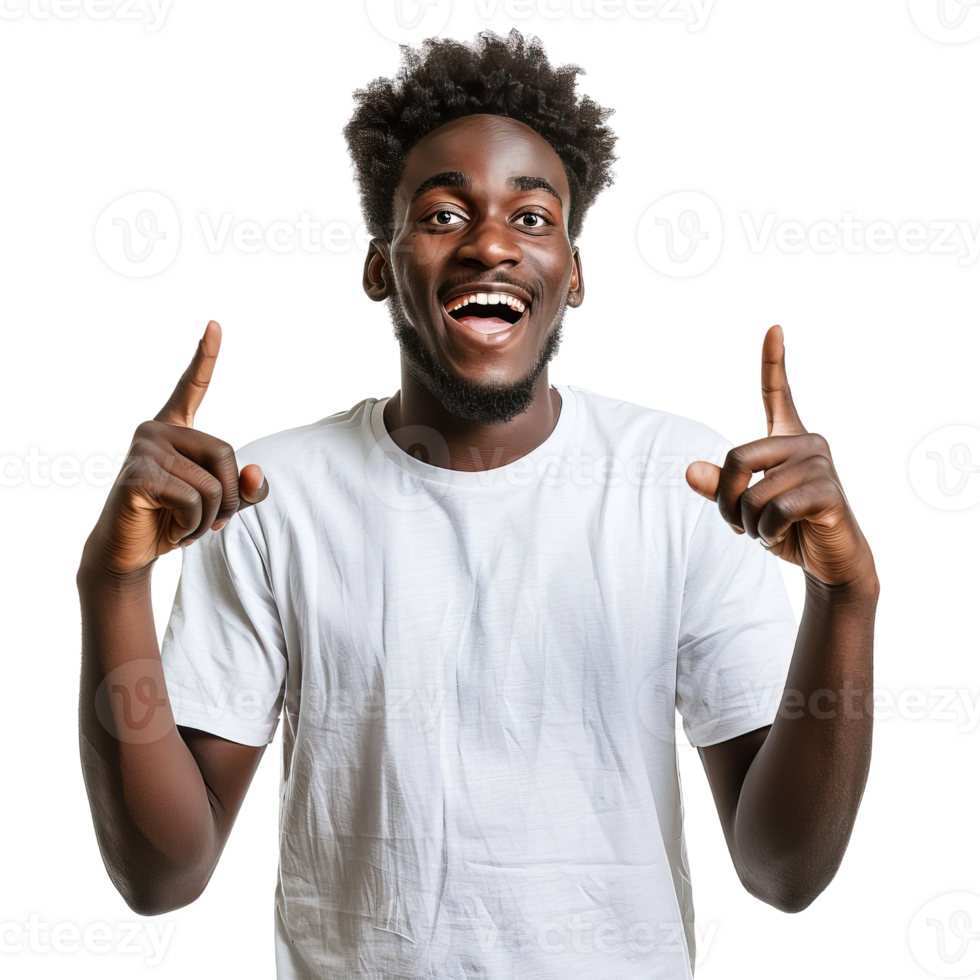 A man with a beard and a white shirt is pointing at something. He is smiling and he is happy png