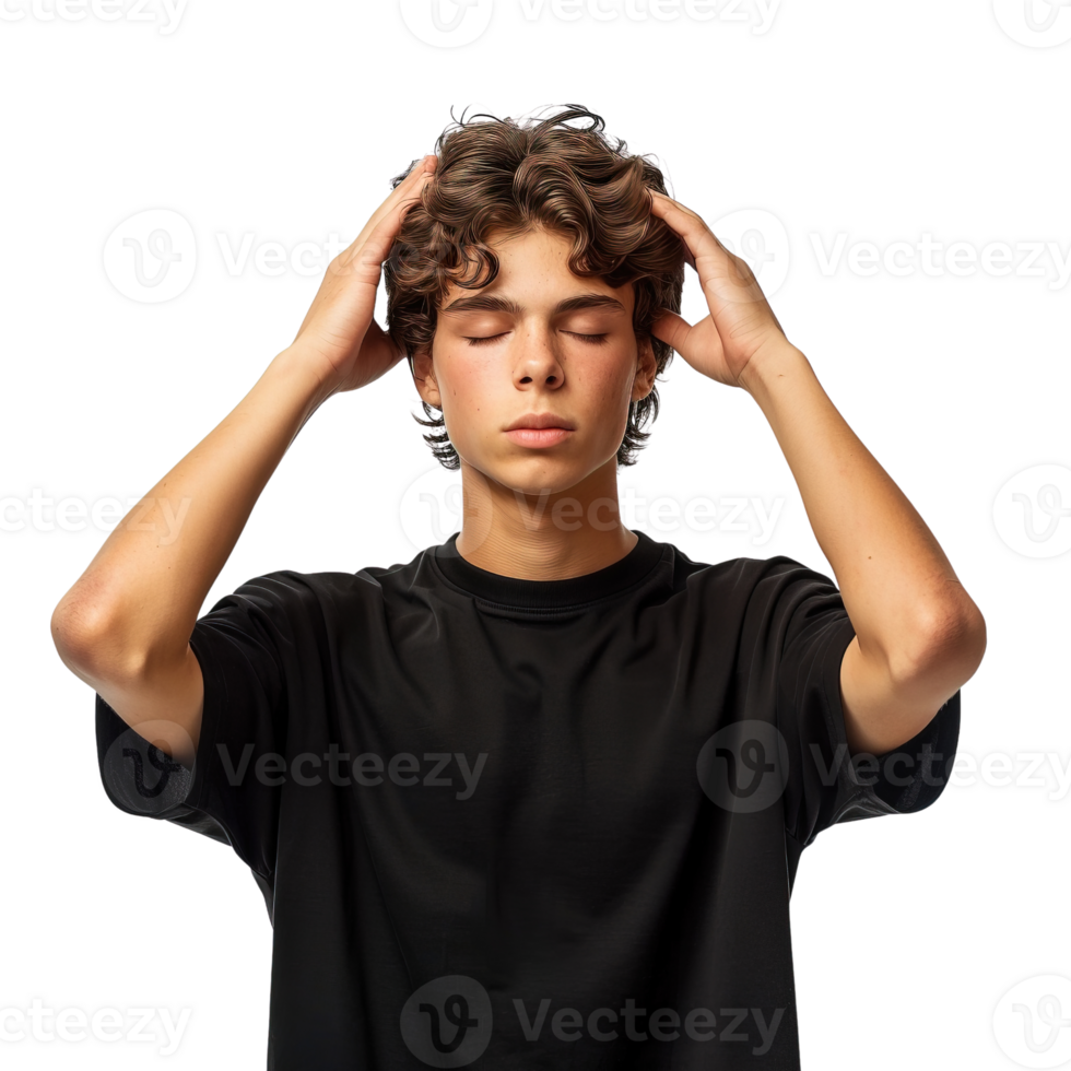 A young man with curly hair is wearing a black shirt and is holding his head. He is in a relaxed state, possibly meditating or taking a break from a stressful situation png