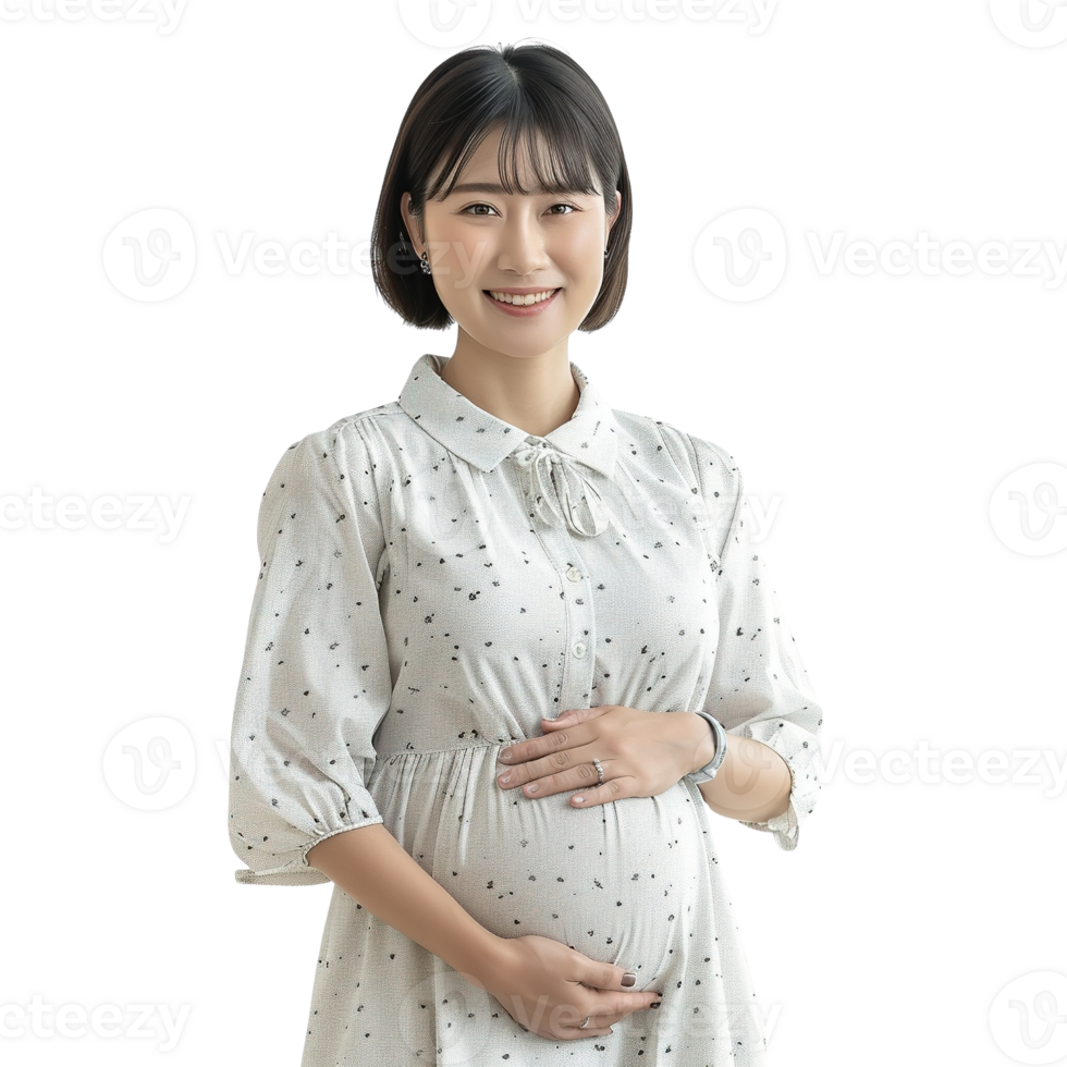A pregnant woman wearing a white dress is holding her stomach. Concept of happiness and joy, as the woman is embracing her pregnancy png