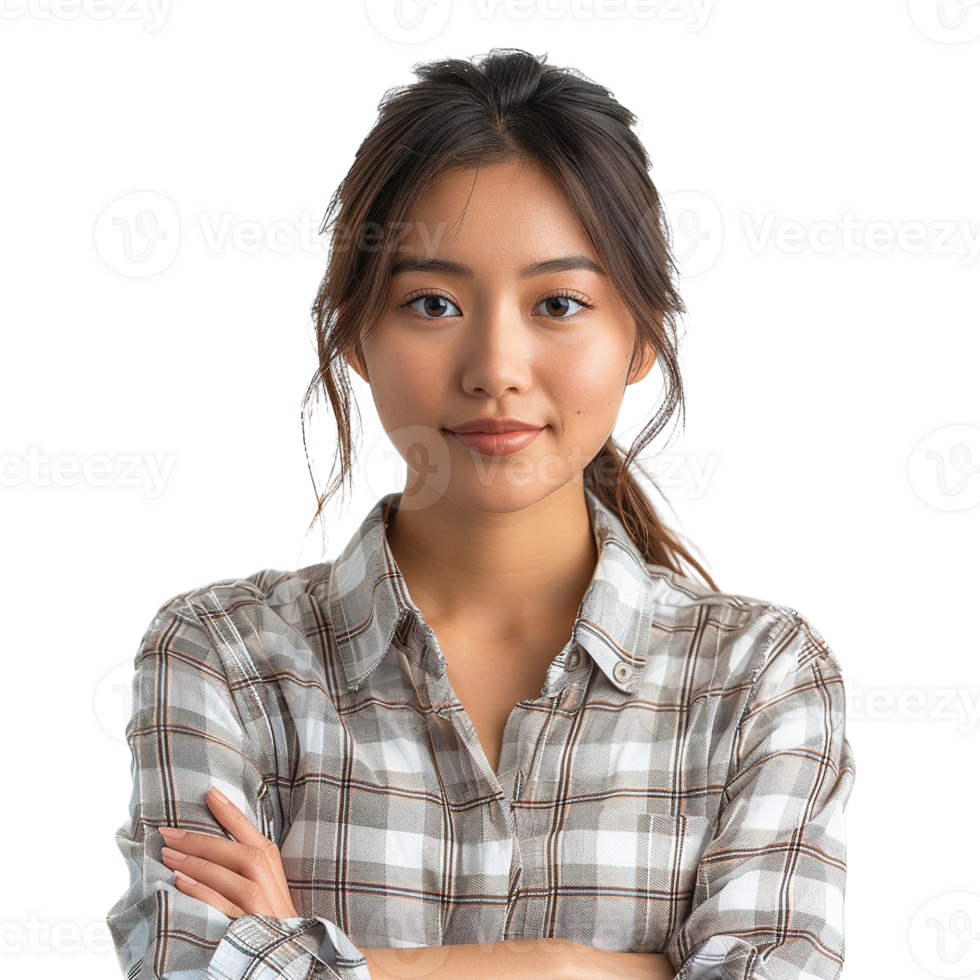 A woman with a plaid shirt and a ponytail is smiling for the camera png
