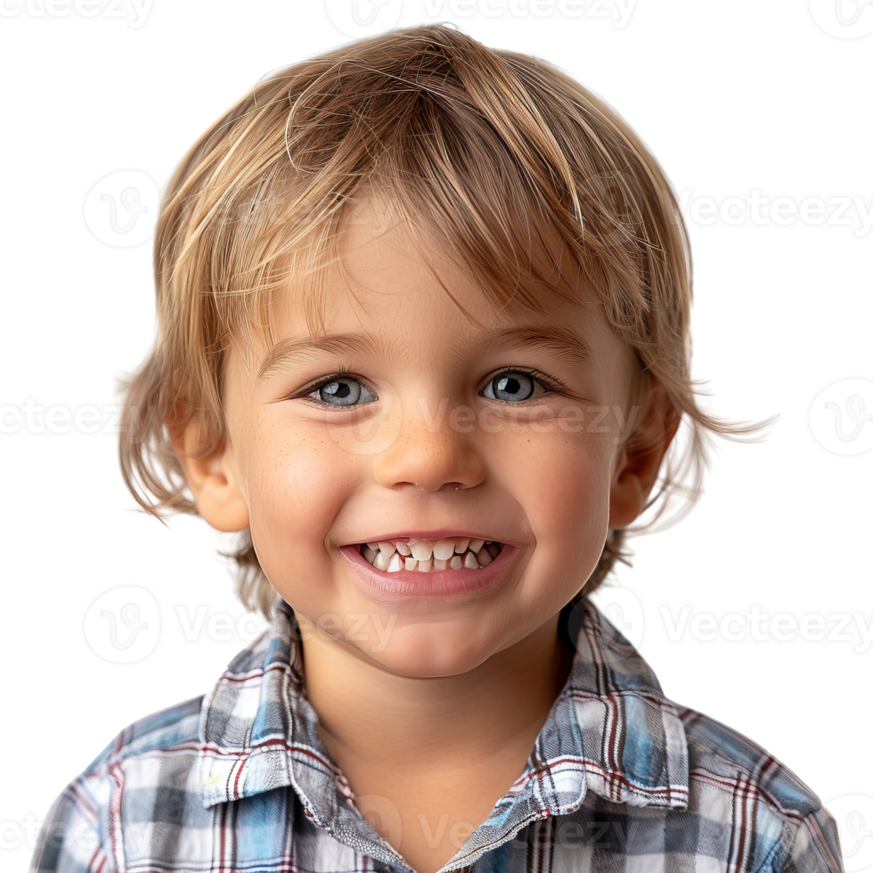 A young boy with blonde hair and blue eyes is smiling and wearing a plaid shirt. He has a few teeth visible, and his smile is bright and cheerful png