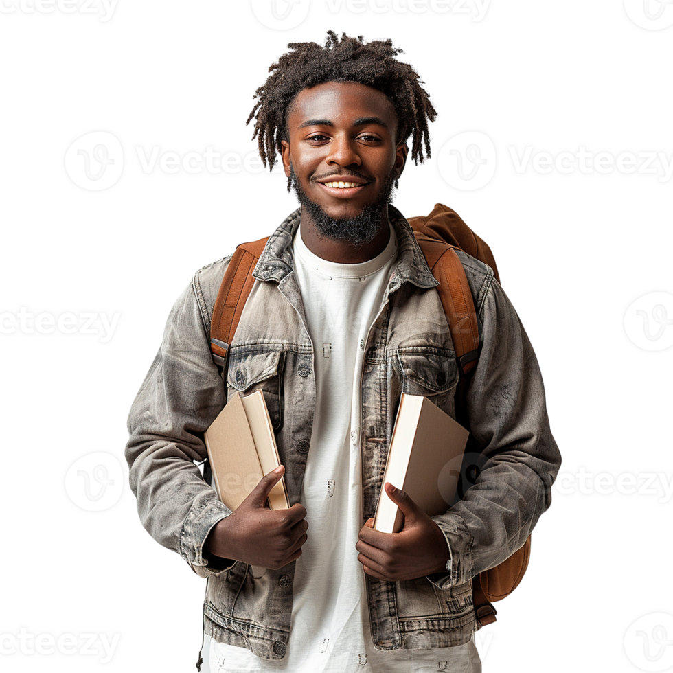 A young man with dreadlocks is smiling and holding two books in his arms png