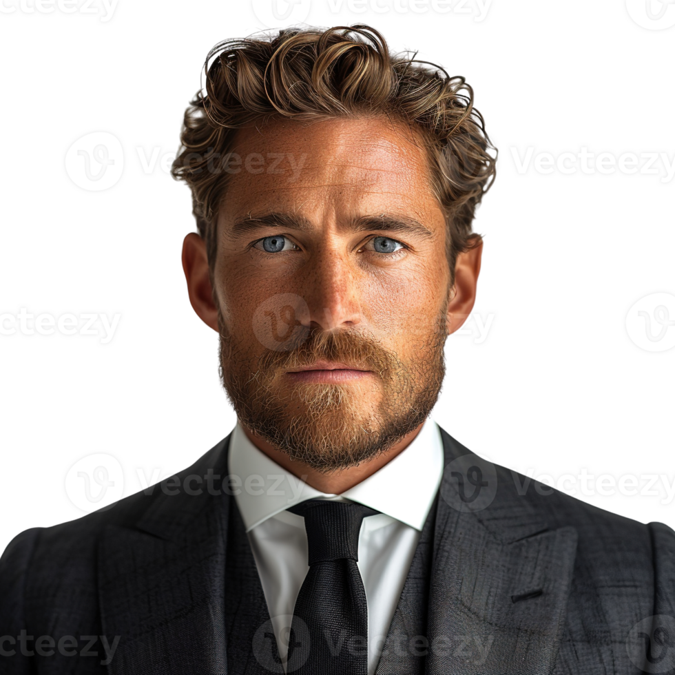 A man with a beard and a tie is wearing a suit isolated on a transparent background png