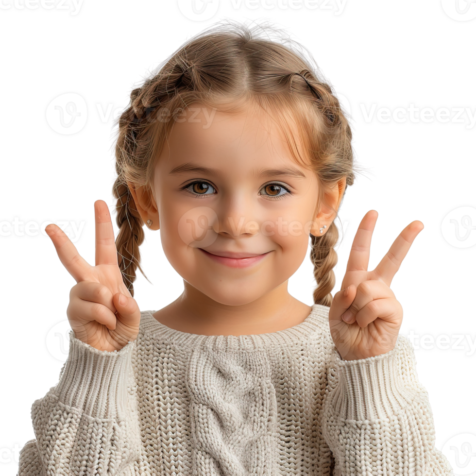 A young girl with braided hair is smiling and holding her hands together in a peace sign. Concept of innocence and positivity, as the girl appears to be happy and content png