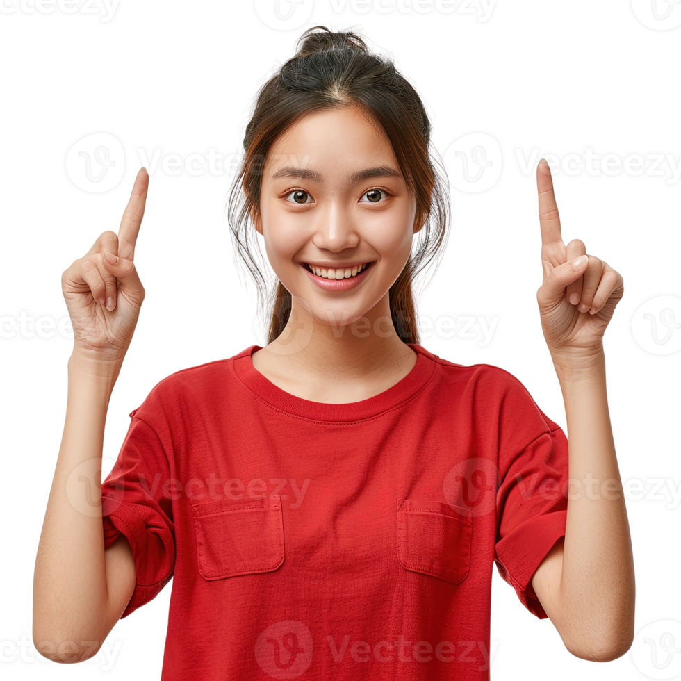 A young woman in a red shirt is pointing to the sky with her finger. She has a big smile on her face, and her eyes are wide open. Concept of excitement and enthusiasm png