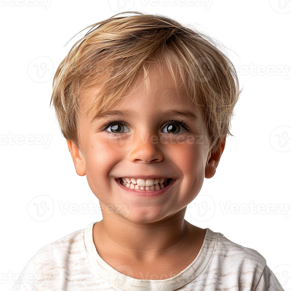 A young boy with blonde hair and a white shirt is smiling and looking at the camera. Concept of happiness and innocence, as the child appears to be enjoying a moment of joy png