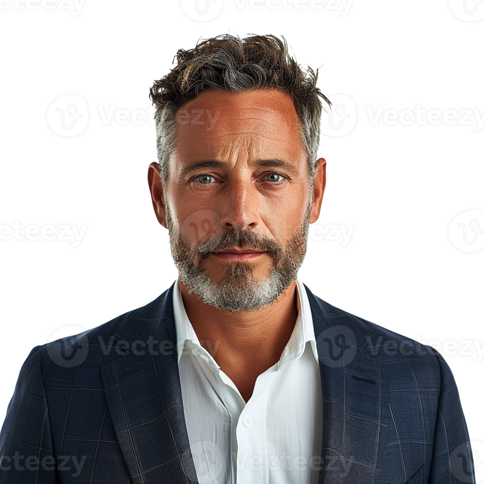 A man with a beard and a mustache is wearing a blue suit and white shirt. He has a serious expression on his face png