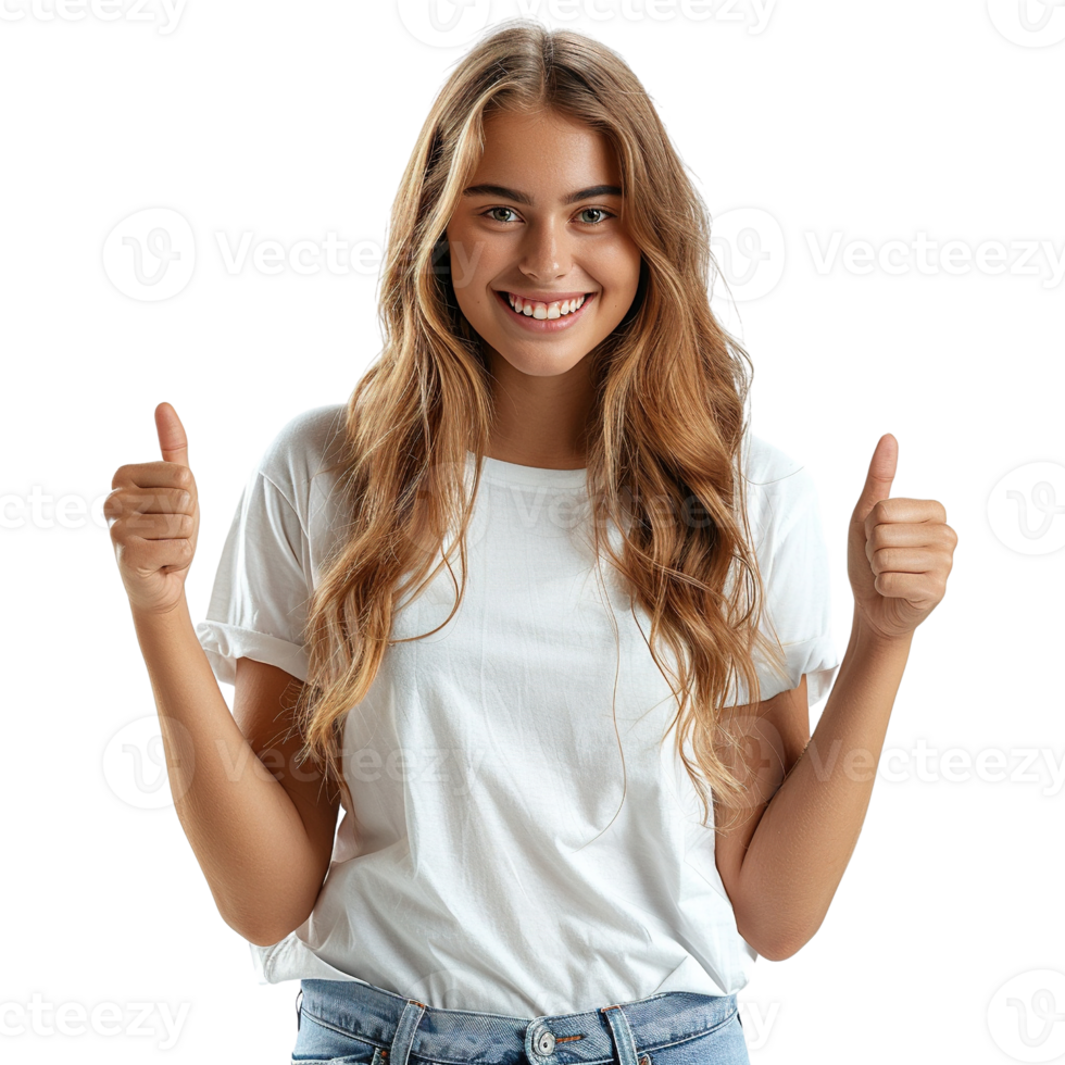 A woman with long brown hair is smiling and giving a thumbs up png