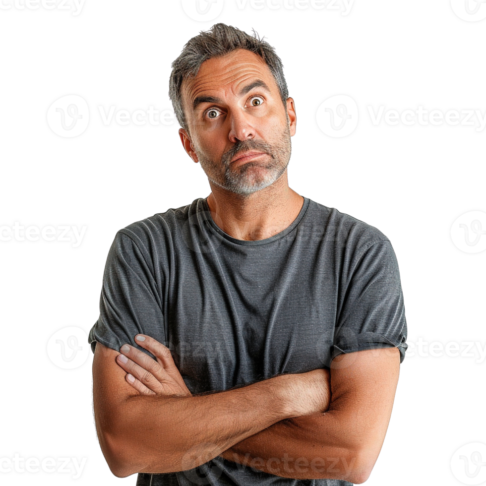 A man with a beard and gray hair is standing with his arms crossed and looking at the camera. He is deep in thought or contemplating something png