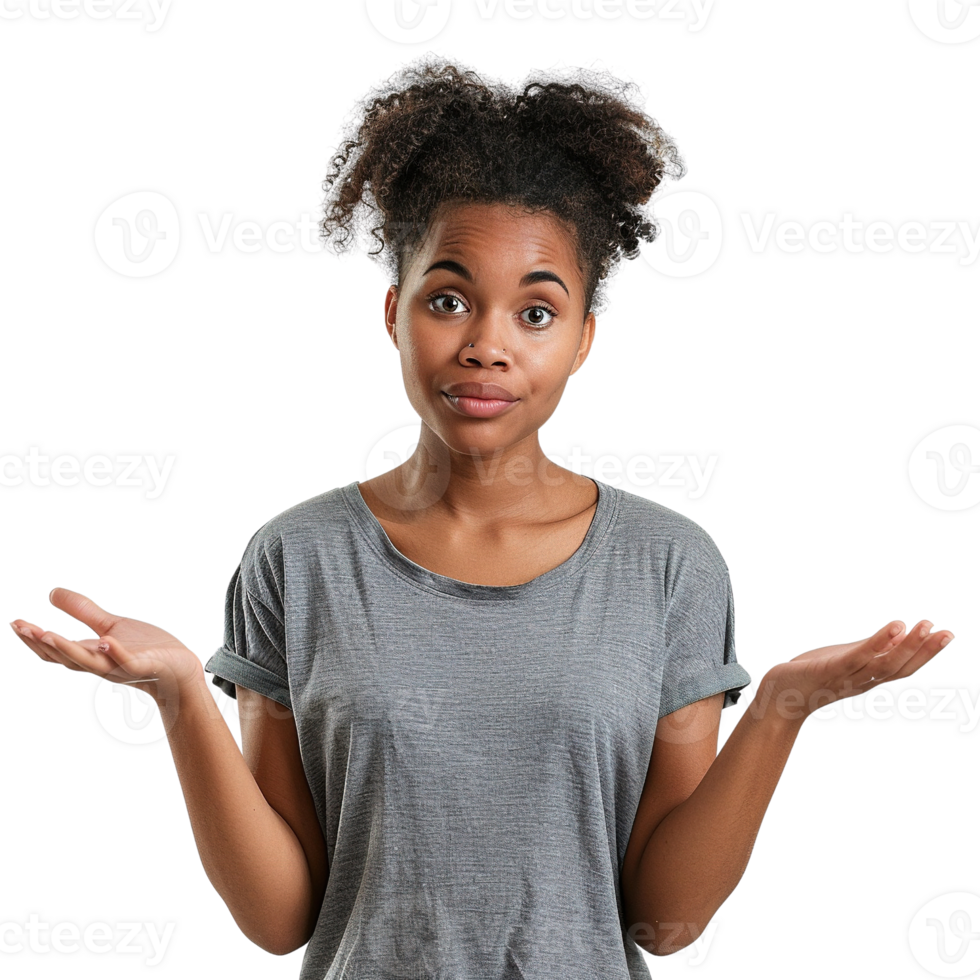 A woman with dark hair and a gray shirt is looking at the camera with a confused expression. She is holding her hands up in a questioning manner, as if she is unsure of something png