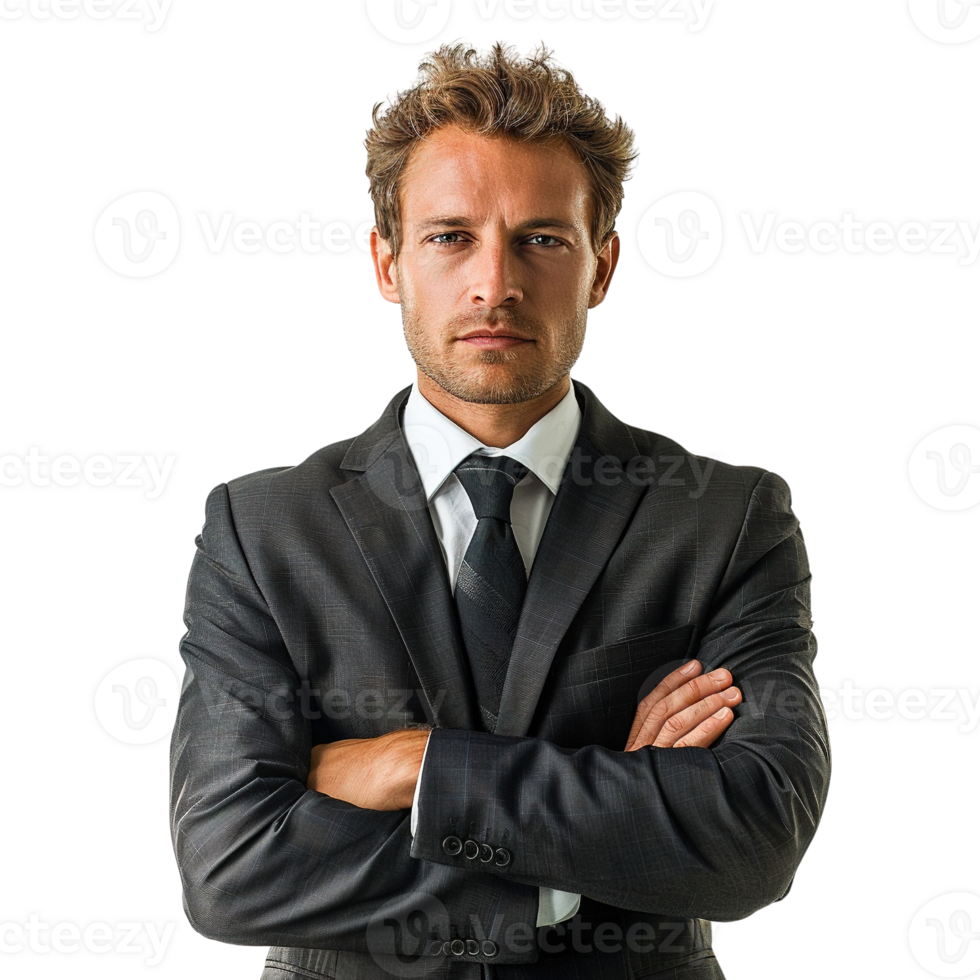 A man in a suit and tie is standing with his arms crossed. He looks serious and focused png