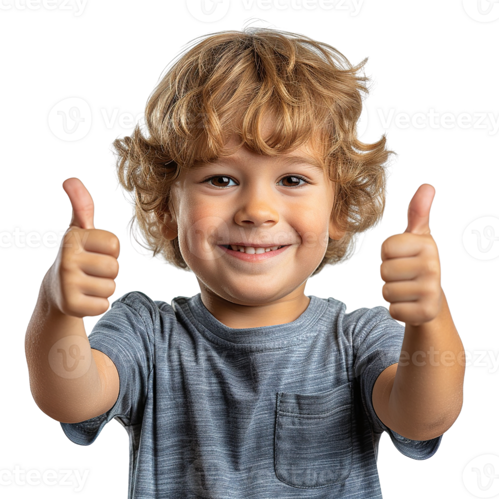 A young boy with brown hair and a grey shirt is giving a thumbs up. He is smiling and he is happy png