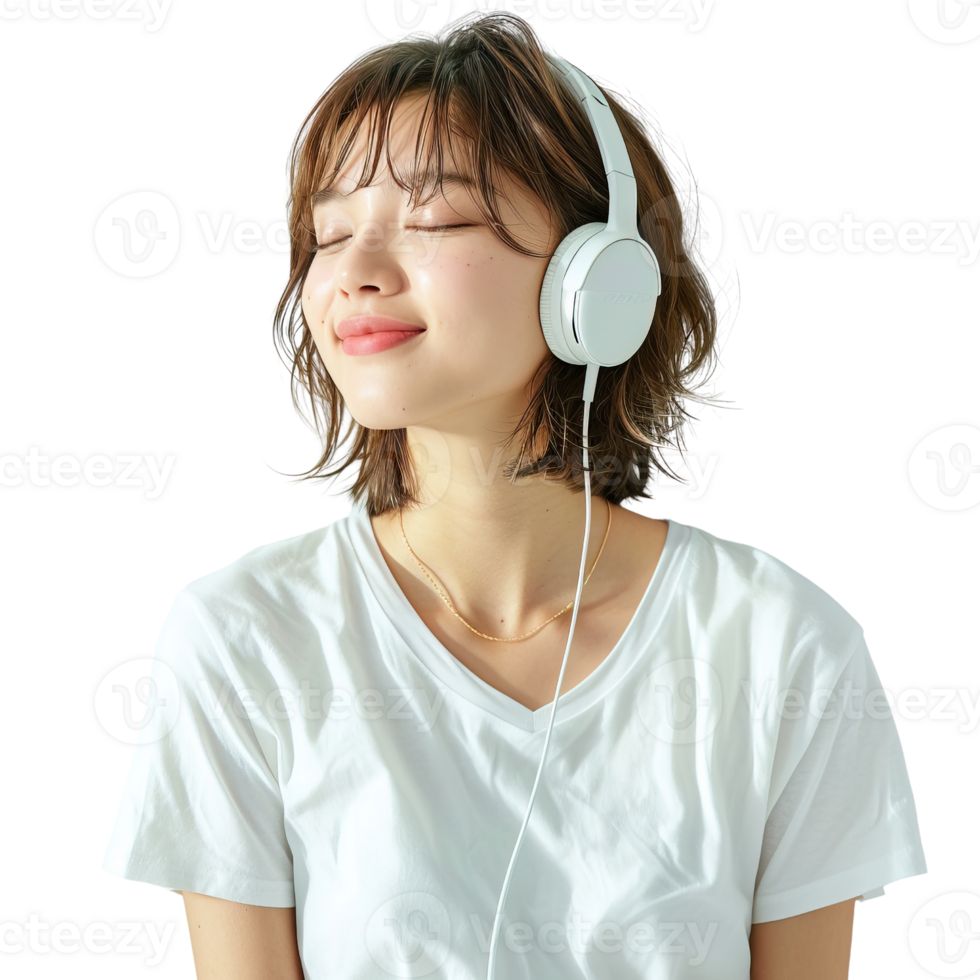A woman wearing headphones is smiling and appears to be enjoying her music. Concept of relaxation and contentment png