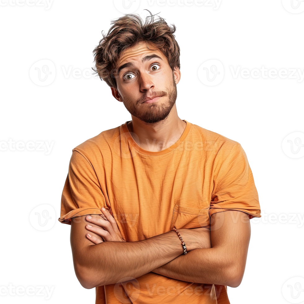 A man with a beard and a surprised expression on his face is wearing an orange shirt. He is crossing his arms and looking up png
