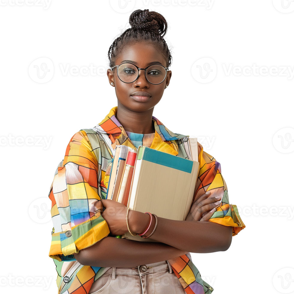 A woman wearing glasses and holding a stack of books png