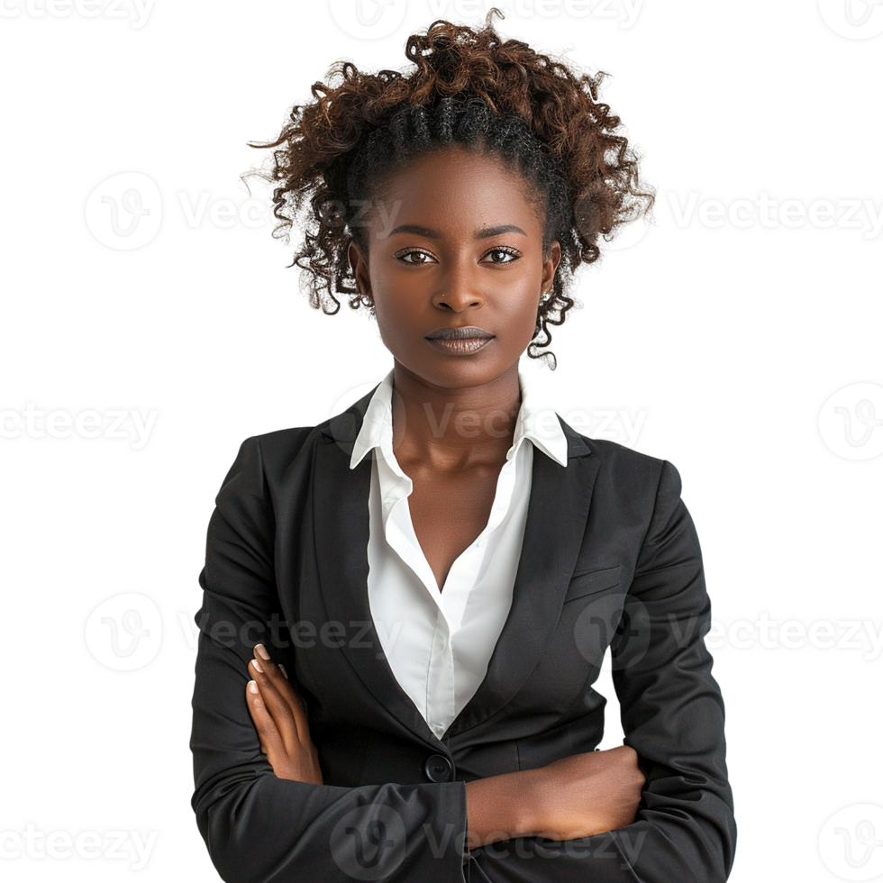 A woman in a business suit is standing with her arms crossed. She has a serious expression on her face png