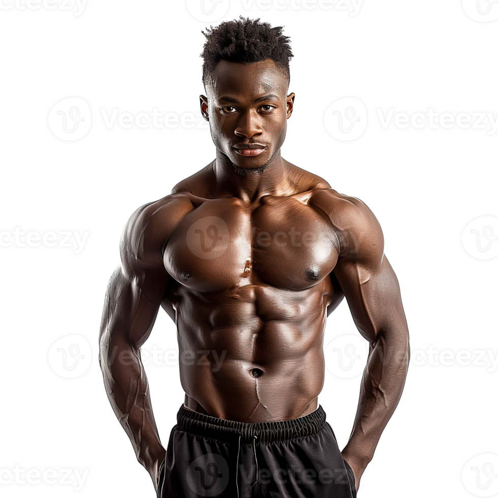 A man with a muscular body poses for a photo. Concept of strength and confidence, as the man's well-defined muscles are emphasized. The white background adds a sense of contrast png