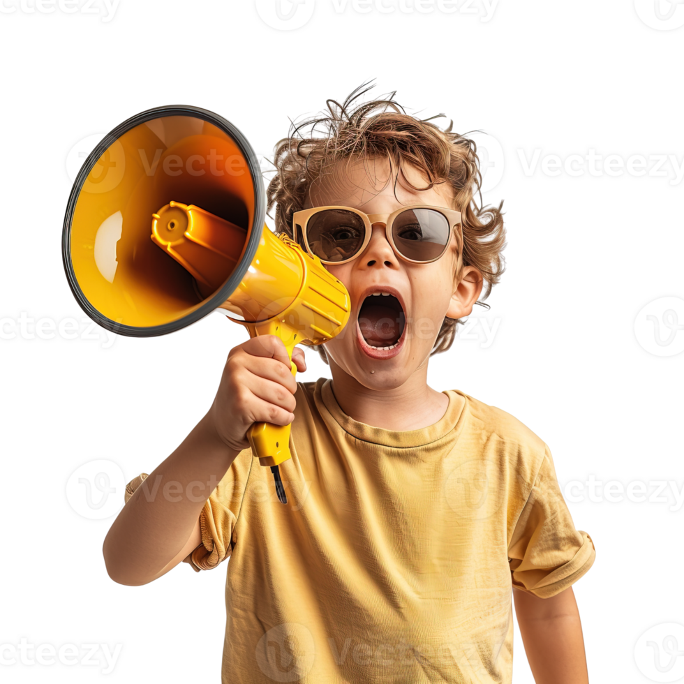 A young boy is holding a megaphone and making a loud noise. Concept of excitement and energy, as the child is likely participating in a fun activity or event png