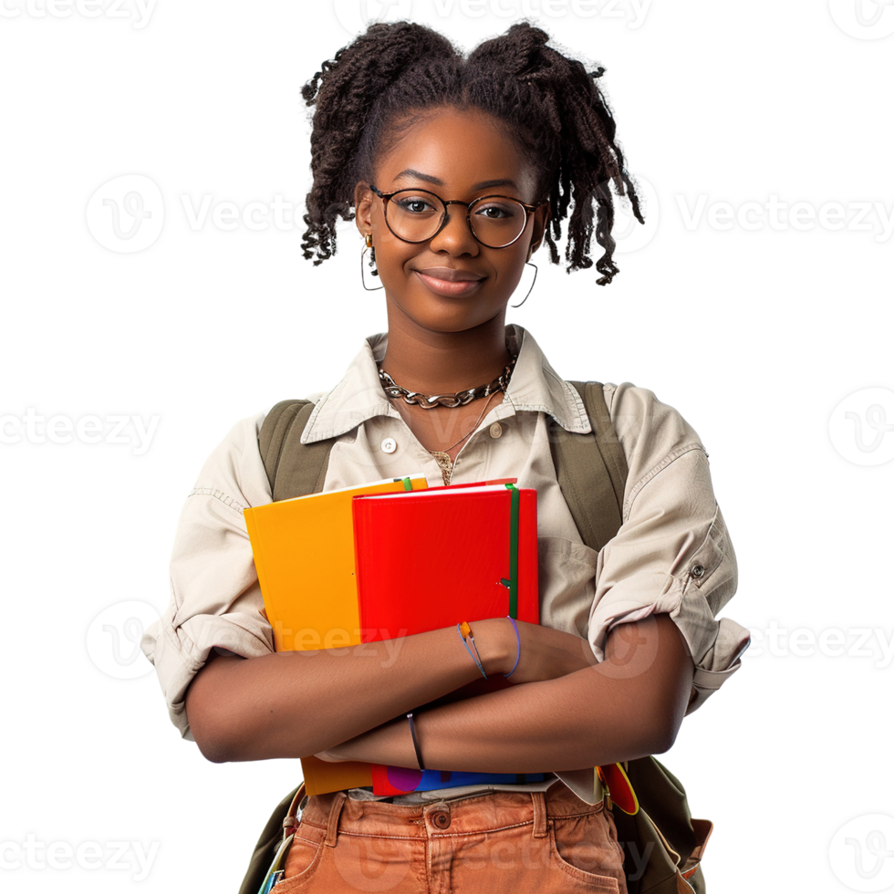 A young woman with glasses and a ponytail is holding a stack of books png