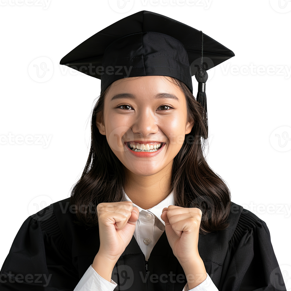 A woman in a graduation cap and gown is smiling and holding her hands up. Concept of accomplishment and pride, as the woman is likely graduating from a significant event png