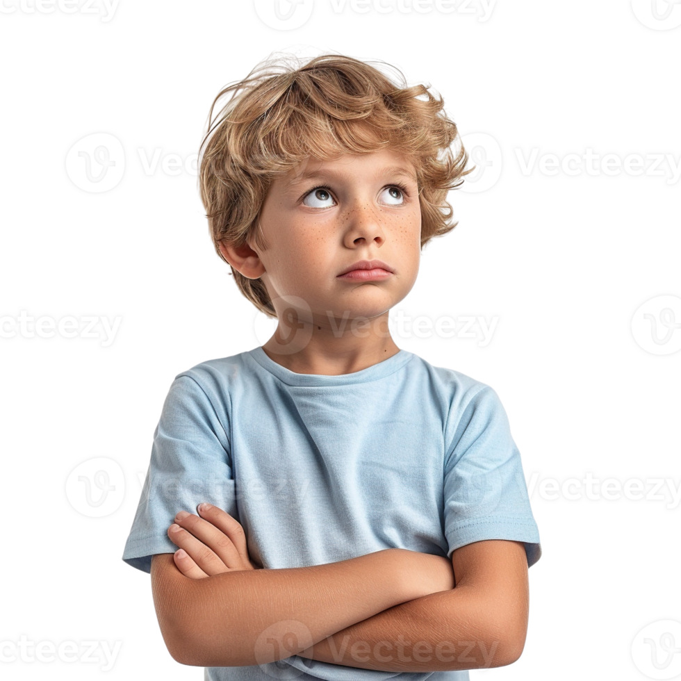 A young boy with a blue shirt and crossed arms is looking up at the camera. He is deep in thought or contemplating something png