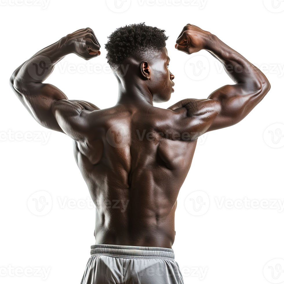 A man with a muscular build is flexing his arms. Concept of strength and confidence png