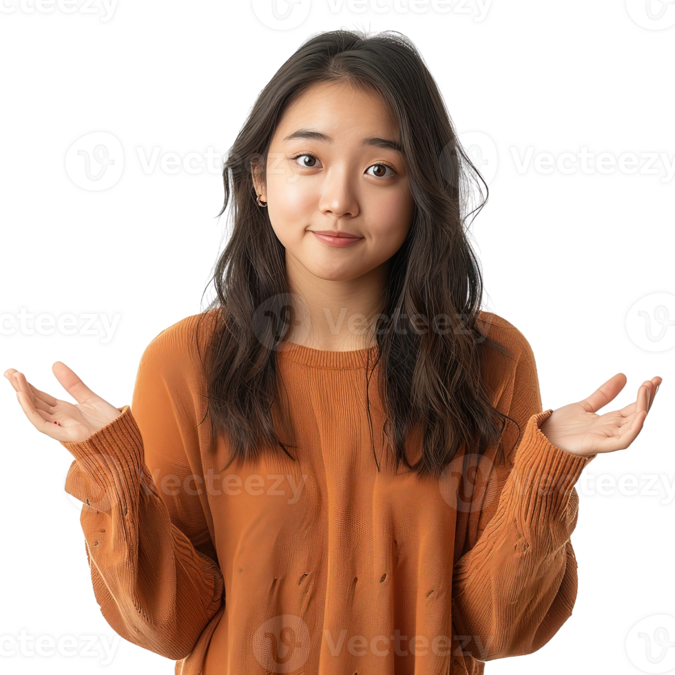 A woman with long hair is wearing an orange sweater and looking at the camera. She is confused or unsure about something png