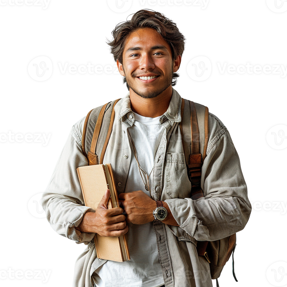 A young man is smiling and holding a backpack and a book png