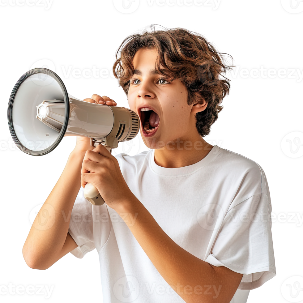 A young man is holding a microphone and yelling into it. Concept of excitement and energy png
