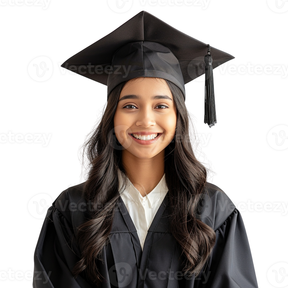 A woman wearing a black graduation cap and gown is smiling for the camera. Concept of accomplishment and pride, as the woman is likely graduating from a significant event png