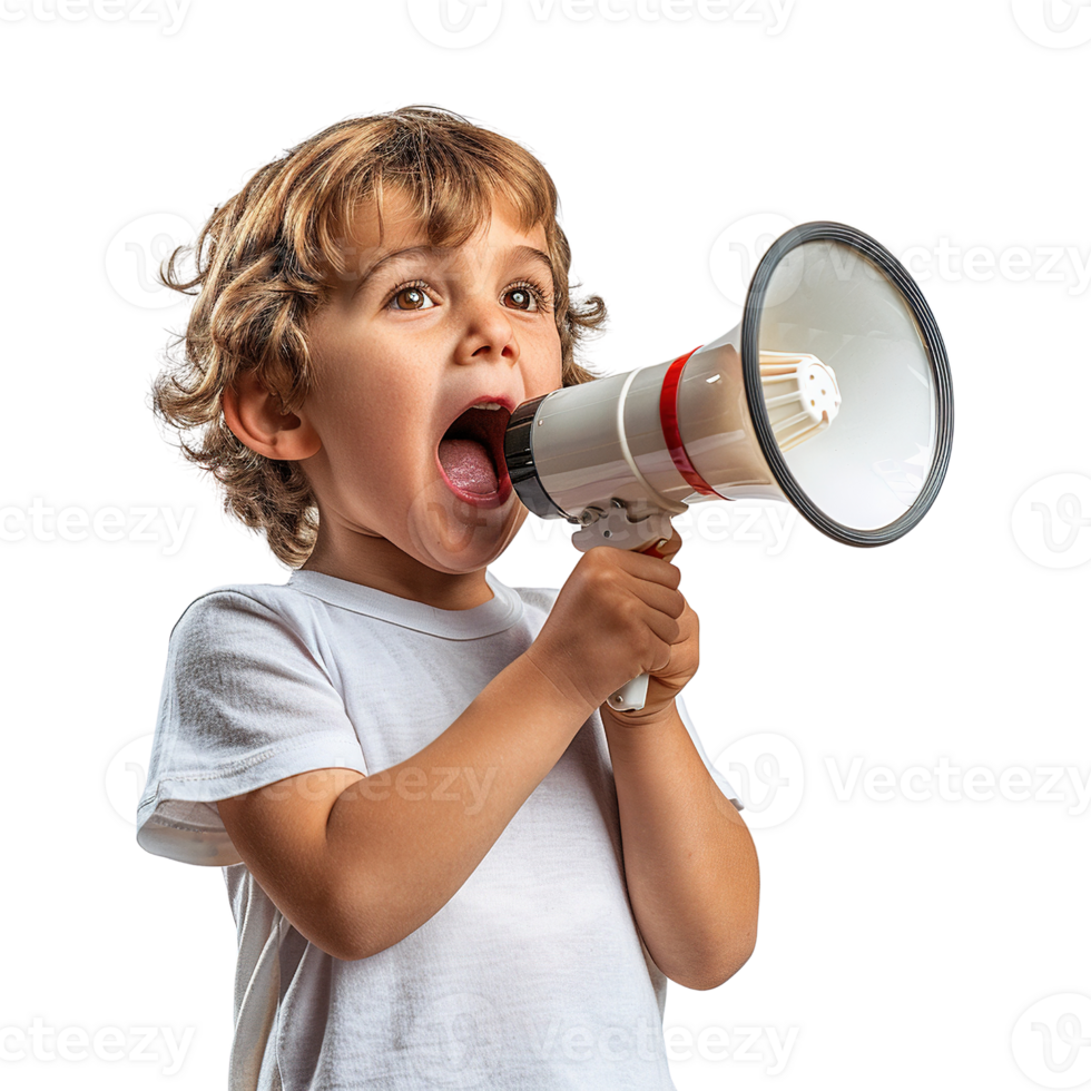 A young boy is holding a microphone and making a loud noise. Concept of excitement and enthusiasm, as if the boy is performing or participating in a fun activity png