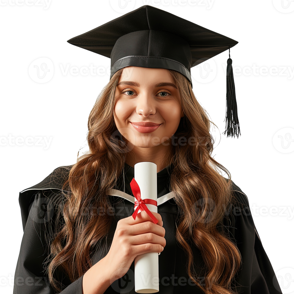 une femme portant une noir l'obtention du diplôme casquette et robe en portant une blanc l'obtention du diplôme certificat. elle est souriant et à la recherche à le caméra png