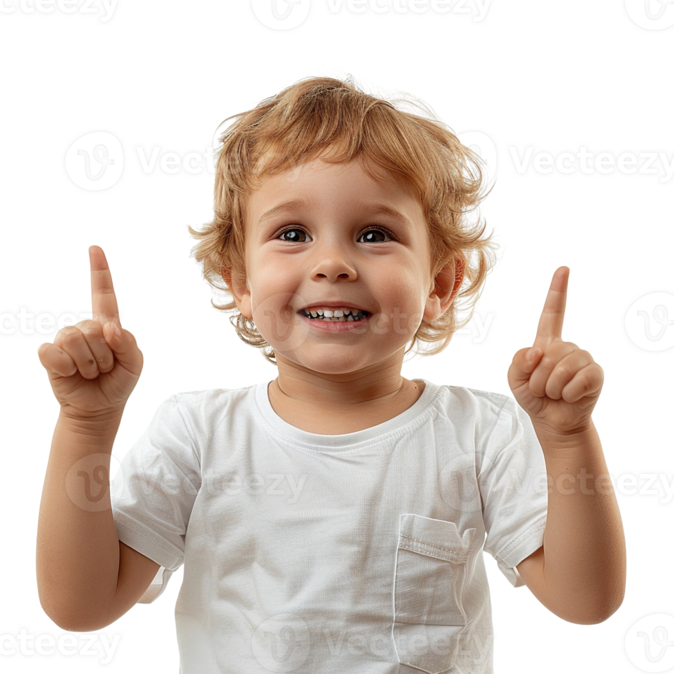 A young child is smiling and pointing at the camera with both hands raised. The child is wearing a white shirt and he is happy and excited png