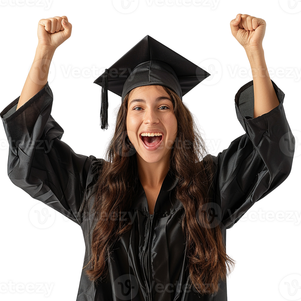 A woman in a graduation gown is smiling and raising her hands in the air. Concept of accomplishment and joy as the woman celebrates her graduation png