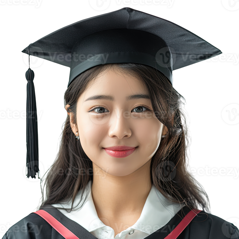A woman wearing a black graduation cap and gown. She is smiling and looking at the camera. Concept of accomplishment and pride, as the woman is likely graduating from a significant event png