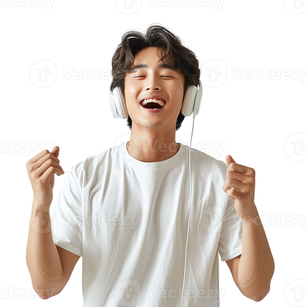 A young man is wearing headphones and smiling while he listens to music. He is enjoying the music and is in a happy mood png