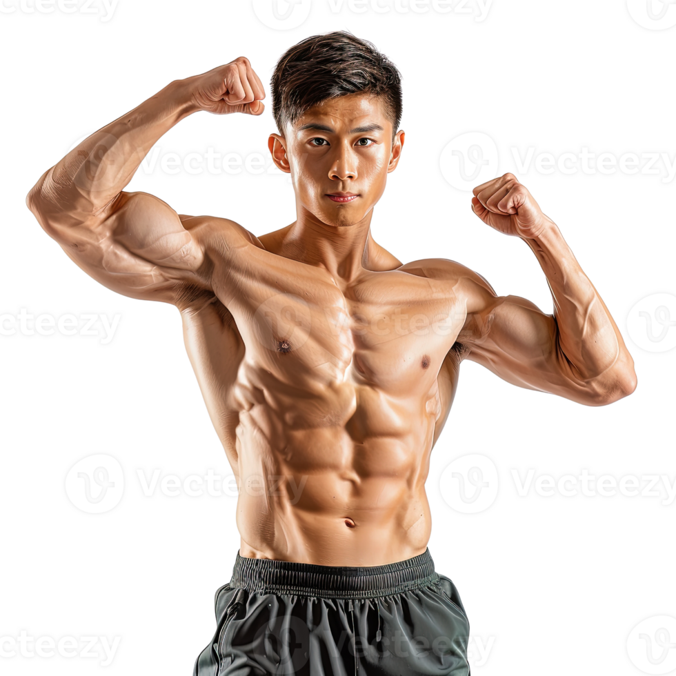 A man with a muscular body is flexing his arms. Concept of strength and confidence png