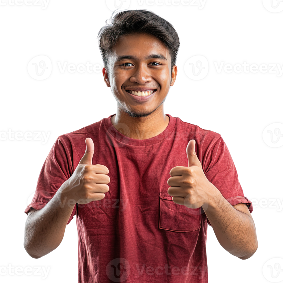 A young man in a red shirt is giving a thumbs up. He is smiling and he is happy png