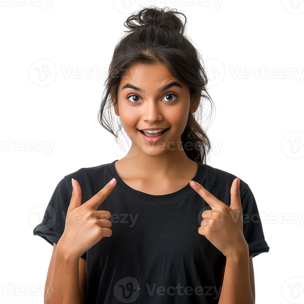 A young woman with a black shirt and ponytail is pointing at her mouth. She has a big smile on her face, and her teeth are visible. Concept of happiness and positivity png