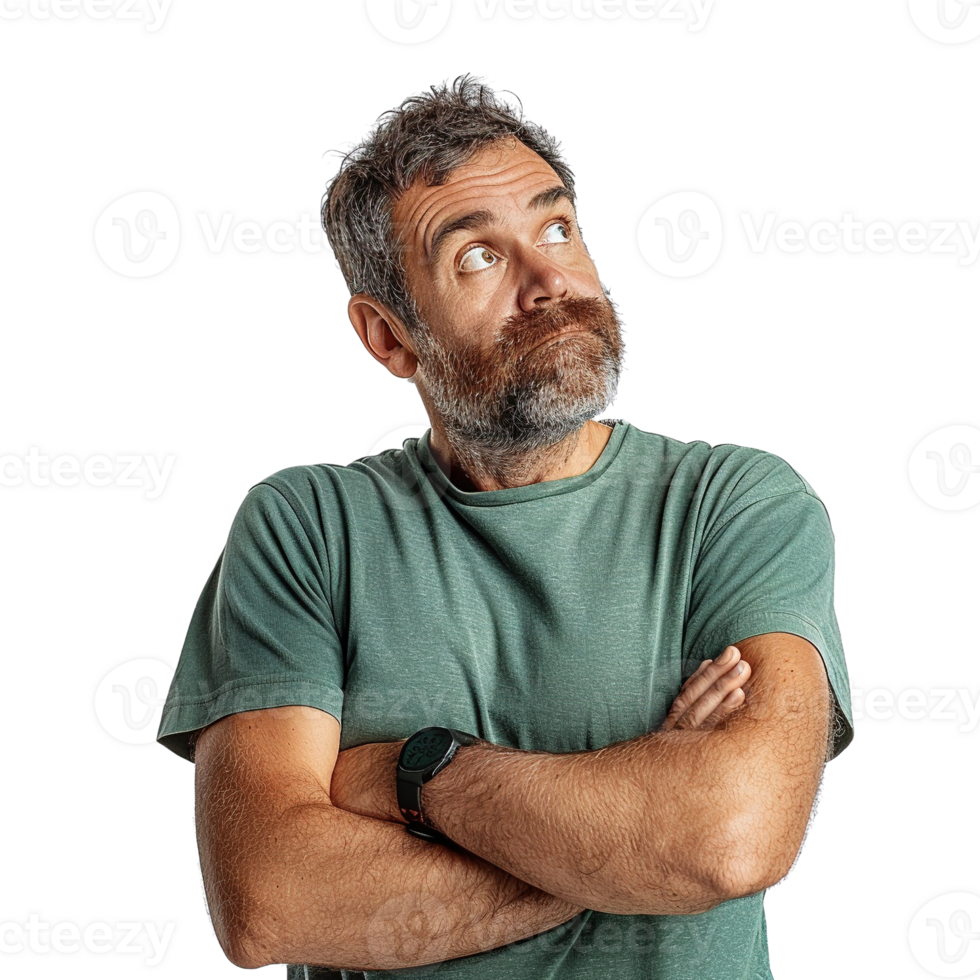 A man with a beard and a green shirt is looking up with his arms crossed. He is deep in thought or contemplating something png